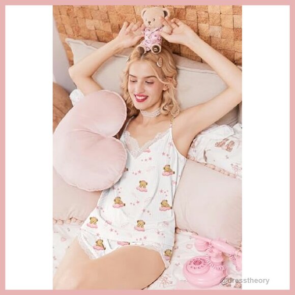 Soft V-Neck Cami Shorts Sleepwear Set - 95% Polyester 5% Spandex - Picture 5 of 8